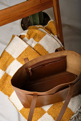 Leather raw edge wide tote bag: Tan