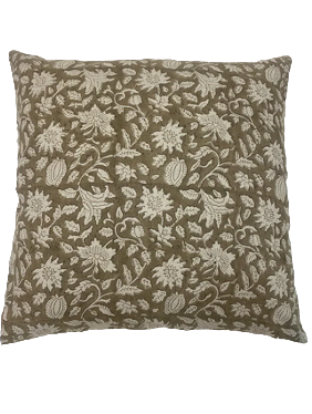 Olive and Cream Block Print Linen Pillow