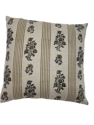 Navy and Olive Floral Stripe Linen Pillow