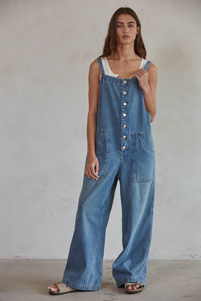 Denim Button-Down Wide Leg Overalls