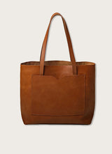 Leather raw edge wide tote bag: Tan