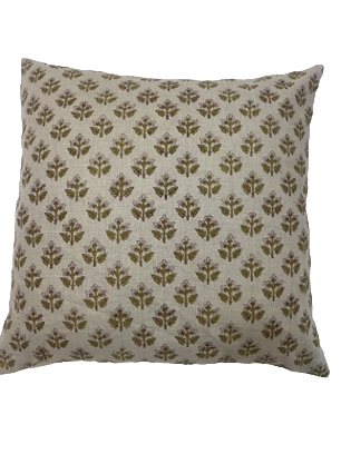 Burgundy and Olive Block Printed Linen Pillow