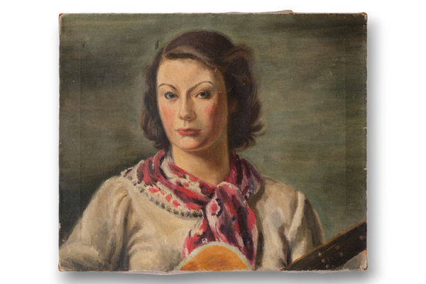 Antique Oil Portrait of Woman with Guitar by Eugene Speicher