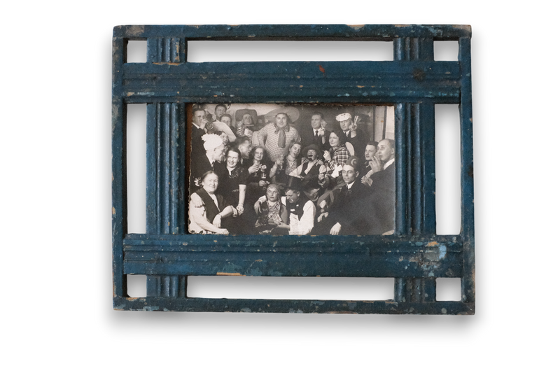 Blue Folk Art Frame with Antique Party Photo