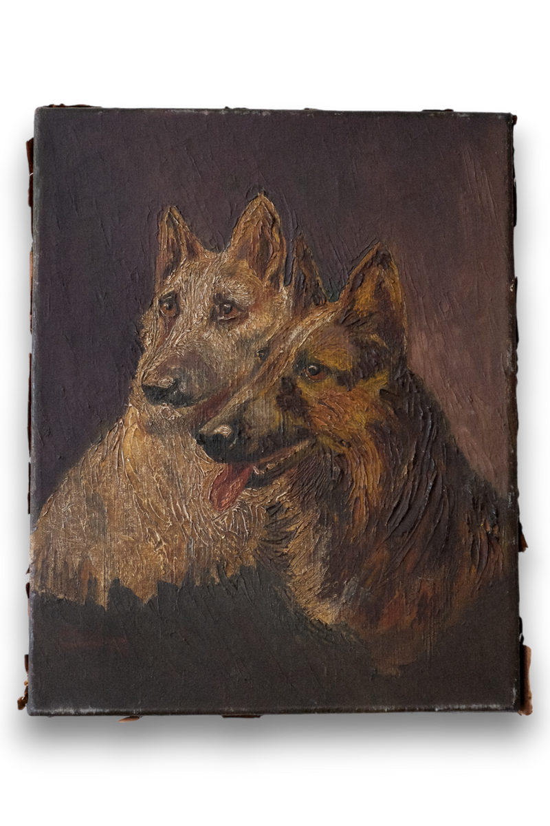 Antique European Oil on Canvas Dogs Painting