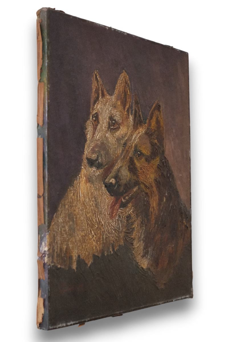 Antique European Oil on Canvas Dogs Painting