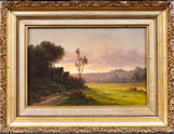 19th Century European Farm Landscape Sunset Oil Painting