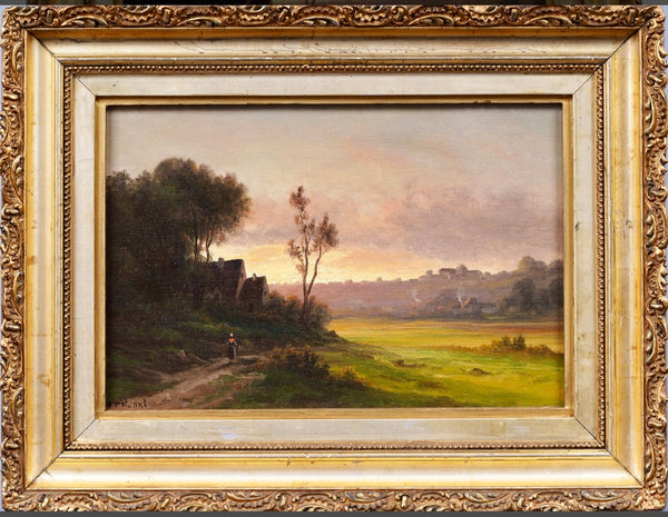 19th Century European Farm Landscape Sunset Oil Painting