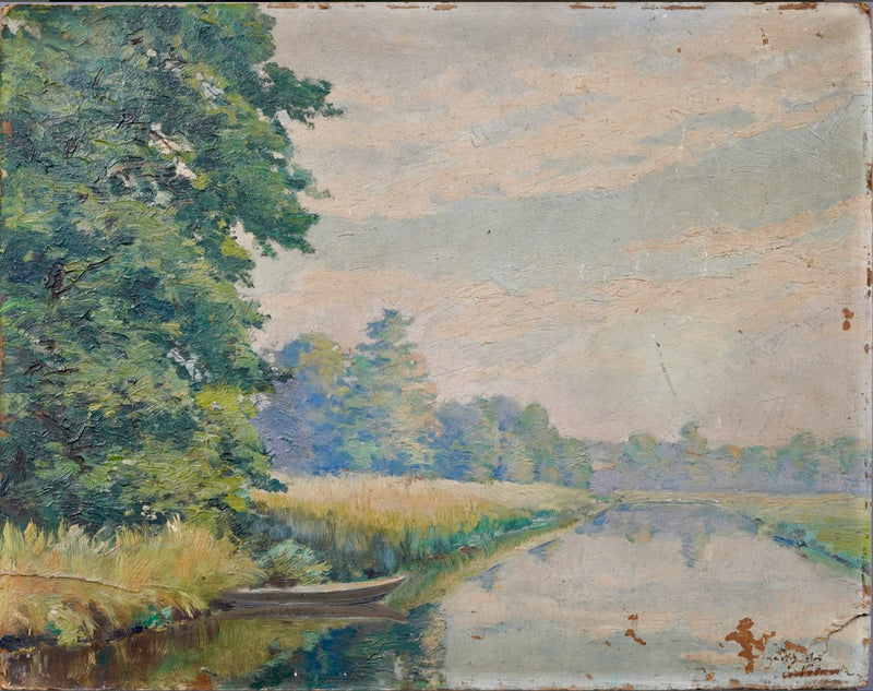 Antique River Landscape Oil Painting