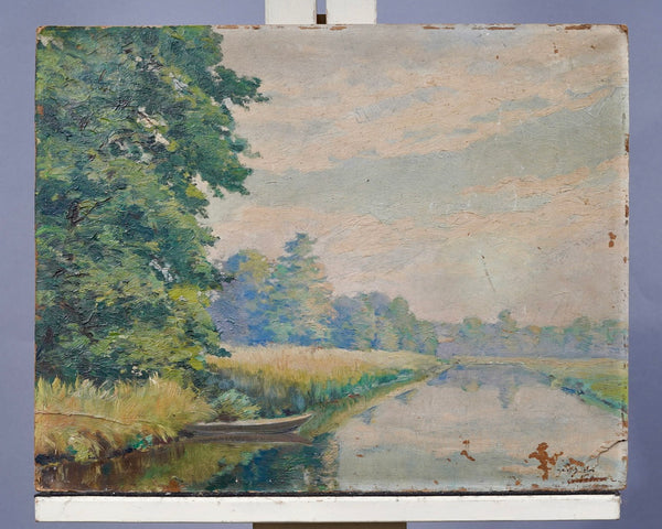 Antique River Landscape Oil Painting