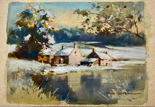 British Impressionist Painting Snowy Settlement On The Lake