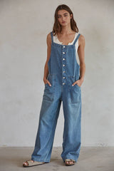 Denim Button-Down Wide Leg Overalls