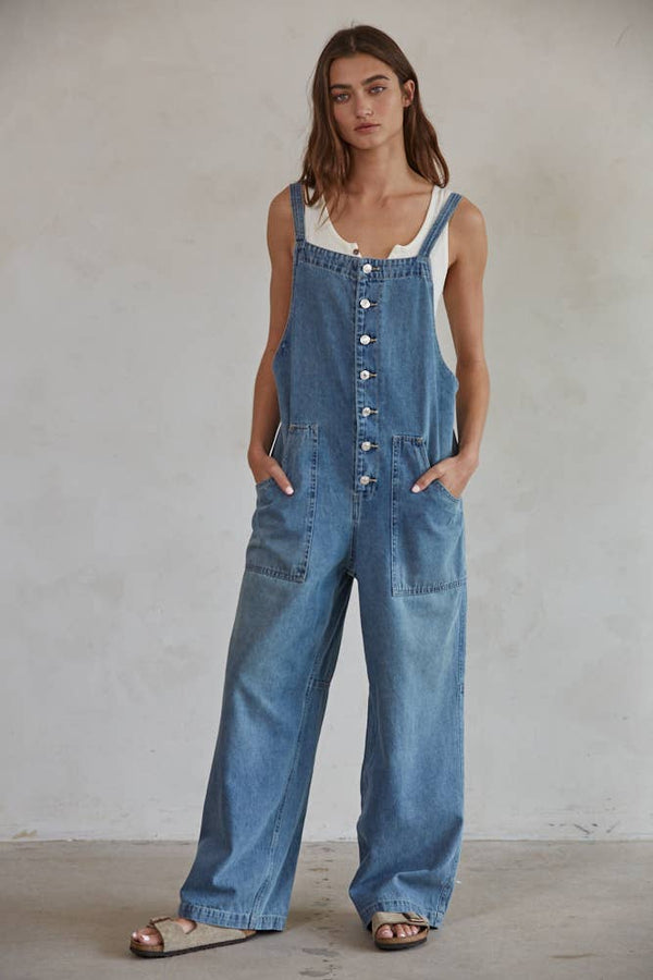 Denim Button-Down Wide Leg Overalls