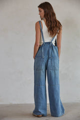 Denim Button-Down Wide Leg Overalls