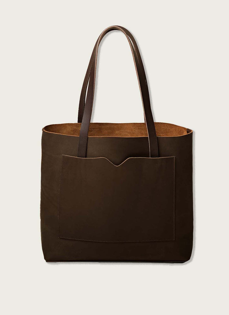 Leather raw edge wide tote bag: Tan