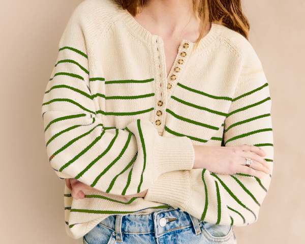 Womens Striped Henley, Fall Sweaters, Cotton Sweater