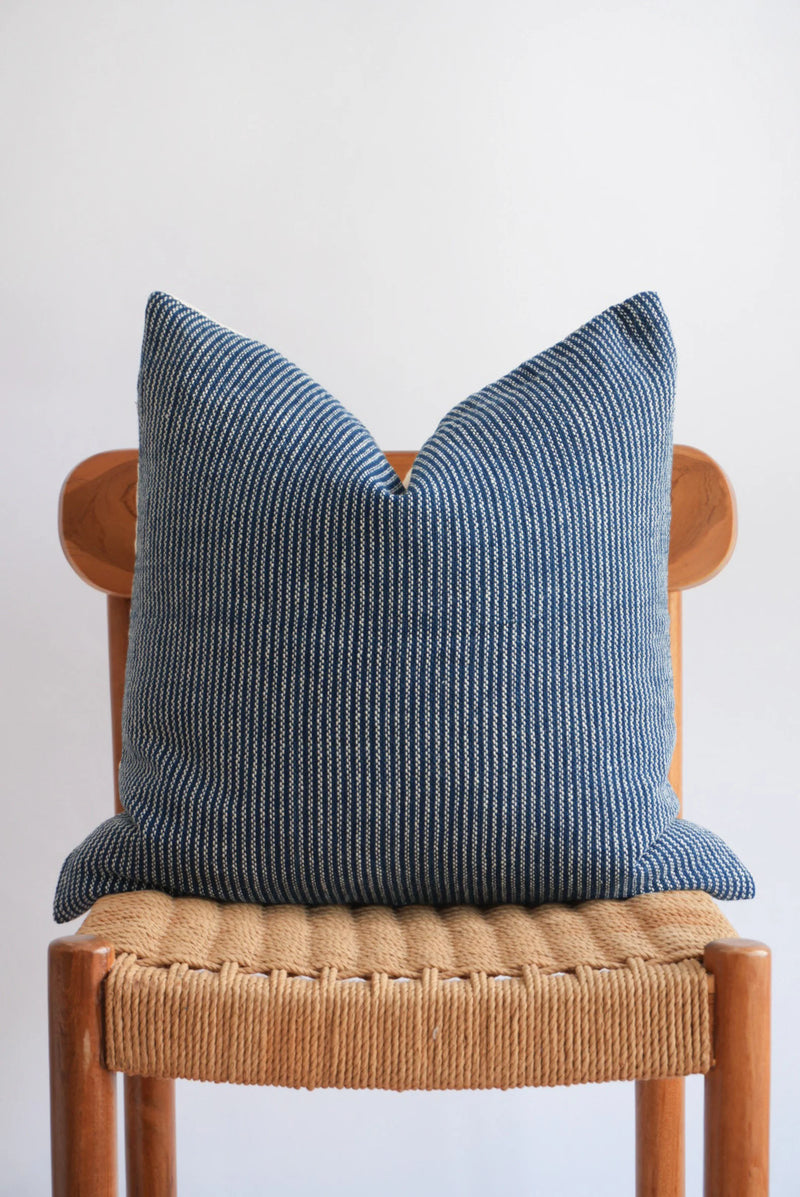 Blue and Cream Striped Handwoven Pillow